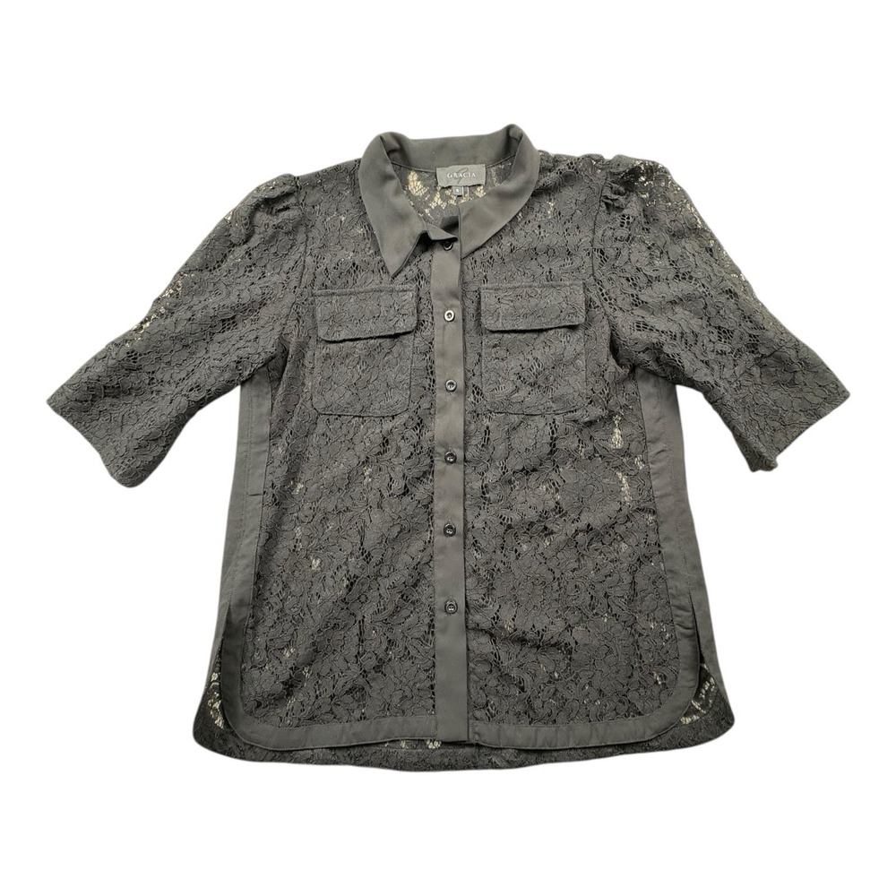 Gracia Women's Mesh Floral Sheer Puff Sleeve Blouse Size‎ S